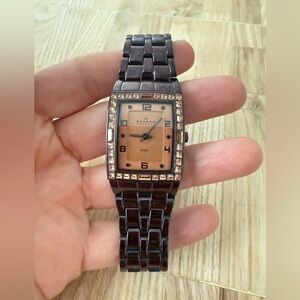 Skagen ladies Steel 527SMX Crystal Bezel brown watch New Battery